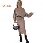 2 tk/komplekt Naiste dressipluuskleidi komplekt &Uuml;mara kaelusega Pikk nahkhiirevarrukaga Lahtine &uuml;laosa Slim Fit l&otilde;ikega l&otilde;hikuga all&auml;&auml;riga Midipikkusega kleit Vabaaja t&ouml;&ouml;le mineku riietus Paks S&uuml;gis Talv S hall