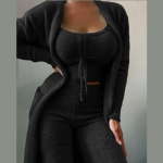 Naiste fliis, 3 tk. Teddy salongir&otilde;ivad, spagetid rihmaga, laiad pikad p&uuml;ksid, udune kimono, hubane pidžaamakomplekt, naiste p&uuml;kste &uuml;likond 3XL must