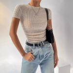Suvine Uus Slim Fit &Uuml;mara Kaelusega L&uuml;hikeste Varrukatega T-s&auml;rk Naised Elegantne Mood &Uuml;hev&auml;rviline Naiste T-s&auml;rgid Vabaaja Slim Fit Kontori Daamide L&uuml;hike T-s&auml;rk 26147 S aprikoosi