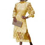 Naiste kevadsuvine kleit, krae, pikad varrukad, &otilde;&otilde;nsad pitsid, &uuml;hev&auml;rvilised kahekihilised retrov&auml;rvilised k&otilde;rge v&ouml;&ouml;kohaga ballipeokleit. XXL kollane