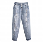 6XL 7XL Suuruspluss Teksap&uuml;ksid Naistele K&otilde;rge V&ouml;&ouml;koht Denim P&uuml;ksid L&otilde;dvad Aukud Rebitud Teksap&uuml;ksid Naistele Pesitud Suvi S&uuml;gis Jean Femme 7XL helesinine v&auml;rv