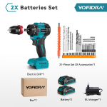 YOFIDRA 2-&uuml;hes harjadeta elektriline kruvikeeraja, l&ouml;&ouml;kpuur, juhtmeta puur, l&ouml;&ouml;kmultifunktsionaalne elektrit&ouml;&ouml;riist 21V 18V akudele 2x Battery-EU Plug