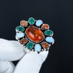 Merevaigu, Rohelise Onyxi, P&auml;ikesekivi, Piimja Opaali Kivist S&otilde;rmus, 925 Sterling H&otilde;bedast S&otilde;rmus, Kingitus Talle, Ovaalne Kivi, Elegantne K&auml;sit&ouml;&ouml; S&otilde;rmus, Lilleline H&otilde;bedane S&otilde;rmus US 4 oranž