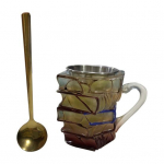 Yousheng maalitud raamatukruus lusikaga, loominguline 3D virnastatud raamatu kohvitass, retro romaanistiilis tass, kollektsioon, kingitused kirjanduses&otilde;pradele