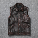 Veisenahk Ehtne Nahk Nahkjakk Meeste Kitsas L&uuml;hike Nahkvest Vest Raske Mootorratas Mootorratta &Uuml;likond Rev&auml;&auml;r Retro Vana S pruun