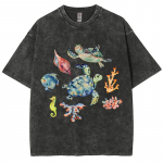 Kilpkonna ja merihobuse tr&uuml;kiga vintage kulunud T-s&auml;rk Unisex L&otilde;tv L&uuml;hikeste varrukatega &Uuml;le suuruse puuvillane &uuml;mmarguse kaelusega pealmine osa Pullover S mitmev&auml;rviline