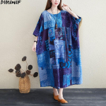 DIMANAF 2023 suures suuruses naiste kleit Linane lilletr&uuml;kk Rannap&uuml;hade suvine p&auml;ikesekleit Maxi kleit avara kujundusega sinine pikk kleit 5XL One Size sinine