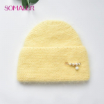 SOMALER Winter Angora Blend kootud m&uuml;tsid naistele laia mansetiga m&uuml;ts koos kaunistusega moodne soe suusam&uuml;ts Skull Cap kollane
