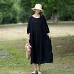 Johnature Jaapani linasest lahtised naiste kleidid Kevad-s&uuml;gis vintage &uuml;hev&auml;rviline kolmeveerandvarrukatega n&ouml;&ouml;biga naiste kleit One Size must