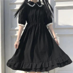 Suvine must Kawaii Lolita stiilis kleit Mori T&uuml;drukute Haldjas Armas Lolita Peter Pan kraega puhvis varrukatega kleit 4XL must