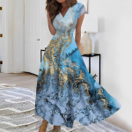 Naiste pikk kleit Maxi kleit vabaaja kleit Sifonki kleidid Swing kleit &uuml;hev&auml;rviline vabaaja t&auml;iskasvanud &otilde;ues igap&auml;evane kohting Voldis l&uuml;hikeste varrukatega V-kaelusega kleit M