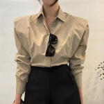 Korea &scaron;ikk vintage lihtne s&auml;rk, allapoole krae n&ouml;&ouml;p, volangid, s&uuml;gisene pikkade varrukatega s&auml;rk, naiste pluus, lahtised riided 28471 S khaki