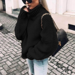 Naiste vabaaja suur paksude kootud puljongiga pikkade varrukatega elegantne k&otilde;rge kaelusega vintage turske talve kampsun L must