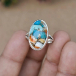 Oyster Copper Turquoise ovaalne kalliskiviga s&otilde;rmus, t&auml;is 925 sterlingh&otilde;bedast s&otilde;rmus, bezel-s&otilde;rmus, k&auml;sit&ouml;&ouml;ehe, s&otilde;rmus naistele 6