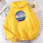 Uus Paks Unisex / Naiste Vaporwave Fuji m&auml;e m&auml;lestus Ukiyo E tr&uuml;kiga Unisexs Hupparid Soe Mugav Unisex's Huppari Suur Suurus Kapuutsiga XL yellow