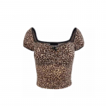 Kpop Leopard Print T-s&auml;rk naiste Y2k Harajuku Slim Crop Top Korea vintage seksikas kandiline krae l&uuml;hikeste varrukatega t-s&auml;rk suvine S must