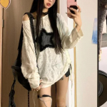 Grunge Hole T-s&auml;rk naiste moet&auml;htede printimine Y2k esteetilised lahtised s&auml;rgid Kpop Fairycore rebitud t-s&auml;rk Harajuku gooti t&auml;navar&otilde;ivad S beež