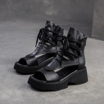 Johnature Retro paksu tallaga Romand sandaalid ehtsast nahast Peep Toe mugavad naiste platvormkingad 35 must