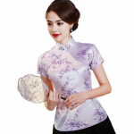 Naiste retro stiilis Qipao topid, krae l&uuml;hikeste varrukatega lillemustriga traditsioonilised Hiina topid uusaasta Cheongsami topid Naiste riided M helelilla v&auml;rv