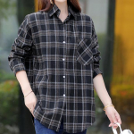 Klassikaline ruuduline s&auml;rk Lihtne tops Kevad-s&uuml;gis rev&auml;&auml;ridega pikkade varrukatega naiste s&auml;rgid, harjatud puuvillane pluus Aasia suurus XXL must