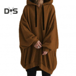 Naiste s&uuml;giskapuutsiga pingutusn&ouml;&ouml;riga kampsun mantel pikkade varrukatega taskud lukuga plekk Keskmise pikkusega &uuml;hev&auml;rviline kapuuts V&auml;lisr&otilde;ivad 2XL kohv