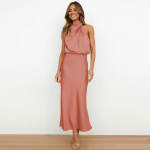 Naiste varrukateta trikotaažkaelusega kokteilikleidid lukuauguga elastne v&ouml;&ouml;koht, pulmak&uuml;laline satiinist k&otilde;rge l&otilde;hestatud keskkleit M veini