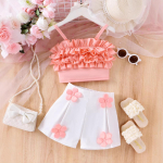 Laste moe&uuml;likond suvet&uuml;drukutele vabaaja pitsist p&auml;itsetega top lillelised l&uuml;hikesed p&uuml;ksid kaheosaline &uuml;likond 4Y roosa