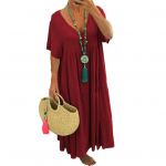 Naiste Suvine Puuvillane Linane Maxi Kleit Lahtine L&uuml;hikeste Varrukatega V-kaelusega Voolav Kleit Vabaaja Astmeline Ranna Kiikkleit S khaki