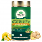 Organic India Tulsi roheline tee sidruni ja ingveriga 100 g plekkpurk L&otilde;&otilde;gastav taimetee segu stressi leevendamiseks