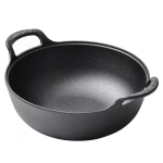 Paksenenud malmist Yuanbao pott - Multifunktsionaalne kahek&auml;epidemega hautamis-, supipann ja praepann tasase p&otilde;hjaga, ilma keemilise kattekihita. 20cm Thickened black