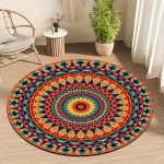 Elav boheemlaslik mandala &uuml;mmargune vaip mitmev&auml;rviline p&auml;ikeseprindiga matt v&auml;rvilistesse ja etnilistesse eluruumidesse 120cmx120cm