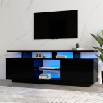 Must telekap 16-v&auml;rvilise LED-valgustusega, 1,4 m pikkus - Hoiukapp 60-tollise teleri jaoks, K&otilde;rgl&auml;ikega ustepaneel klaasriiuliga, TV-alus 140 x 35 x 55 cm must