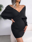 Seksikas risti V-kaelusega kootud kampsun Naiste pikkade varrukatega roheline Bodycon l&uuml;hike kleit Pullover S&uuml;gistalvine kampsun 23849 S must