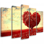 Viieosalise pildiga l&otilde;uendiprint Red Heart Tree Landscape 100x70 punane