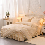 3 TK Voodipesu Voodi seelik Padjap&uuml;&uuml;r pits voodi seelik Four Seasons Nahas&otilde;bralik printsessi stiilis pits libisemiskindel voodikate madratsi kaitsekate 150*200cm 3PCS beež