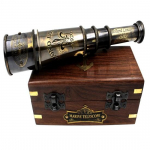 1920. aasta mereteleskoop, kogutav sisekujundus, merevaateklaasile kinnitatud t&auml;ismessingist 38,1 cm piraaditeleskoop puidust karbiga monokulaarne t&auml;iskasvanutele m&otilde;eldud kingitus