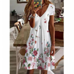 Naiste suvine vabaaja V-kaelusega plisseeritud elegantne peokleit Naiste avarad puuvillased kleidid L&uuml;hikeste varrukatega lilledega lilledega tr&uuml;kitud kleidid 5XL