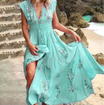 Naiste suvine maksikleit Elegantne vintage varrukateta V-kaelusega lillemustriga suur &auml;&auml;risega pikk pol&uuml;esterkleit peokleit iga p&auml;ev tutvumiseks L