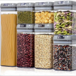 &Otilde;hukindel toiduainete s&auml;ilituskonteinerite komplekt - 7 tk - Etiketid - K&ouml;&ouml;gi- ja sahvrikonteinerid - BPA-vaba - L&auml;bipaistvast plastikust kanistrid jahu jaoks hall