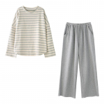 Triibuline kaheosaline naiste koduriided Korea retro pidžaama vabaaja klassikalised &uuml;mara kaelusega pikkade varrukatega p&uuml;ksid M must