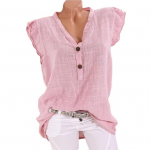 Naiste pluus, volangidega varrukatega, vaba V-kaelusega vabaaja puuvillane ja linane M roosa