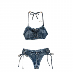 Vintage pitsitud disainiga Sense 2-osaline komplekt naiste ujumistrikoo esteetiline rippuva kaelaga kauboi sidemega bikiinide komplekt naistele Korea disaineri liivaranna &uuml;likond S aero