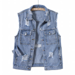 Kevad-s&uuml;gis Naiste Suur Suurus Denim Vest Keskmise pikkusega L&otilde;tv Hele V&auml;rv Vabaaja V&ouml;&ouml;koht Auk Varrukateta Denim Jakk Mantel M sinine