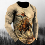 Vintage Westside Cowboy Print Autumn Meeste O-kaelusega T-s&auml;rk vabaaja pikkade varrukatega Suurem&otilde;&otilde;dulised T-s&auml;rgid Moetopsid Trendikas meeste r&otilde;ivad S