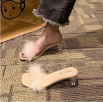 Muulad Sandaalid Naiste suvised &otilde;uesmoodsussid, kandiline varvas, k&otilde;rged kontsad, kontori naised, sulelised liugused &Scaron;ikk klassika, karvased kingad 34 beež