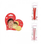 Kit pour biscuit en relief Coeur + 2 Stylos au chocolat rouge et rose pastel