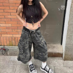 Lastitaskut Kamuflaaž P&uuml;ksid Naiste Plisseeritud Pintuck Vabad Vabaaja K&otilde;rge V&ouml;&ouml;kohaga Denim L&uuml;hikesed P&uuml;ksid Harajuku Retro P&uuml;ksid M