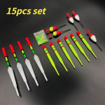 15 vertical fishing floats in a variety of sizes for fishing on most offshore lakes with attached rubber lures