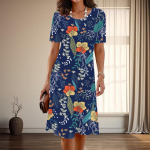 Naiste moodne graatsiline lilleprindiga suvine kevadine l&uuml;hikeste varrukatega O-kaelusega vabaajakleidid XS sinine