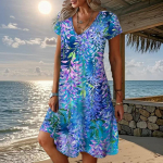 Suvemood naiste V-kaelusega l&uuml;hikeste varrukatega lillega tr&uuml;kitud kleit Seks-l&uuml;hikese seelikuga kleidid XS